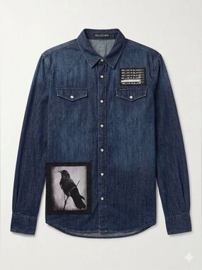 Religion Clothing Men’s Blue Denim Button-Up Shirt L - Raven Graphic Patch Weste